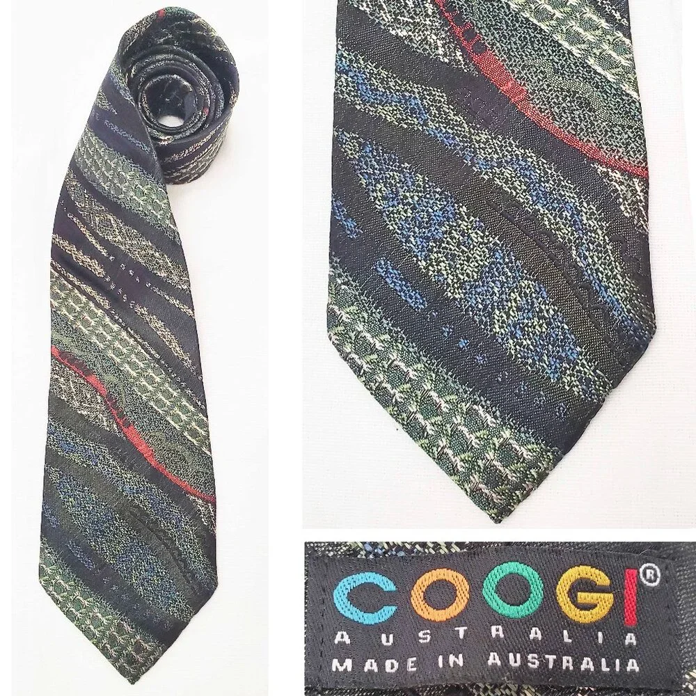 COOGI Men's Vintage Silk Green Black Abstract Pattern Neck Tie Australia